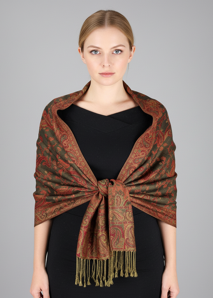 Elegant olive green double-layer reversible pashmina shawl featuring an intricate floral paisley jacquard pattern and delicate fringe edges.