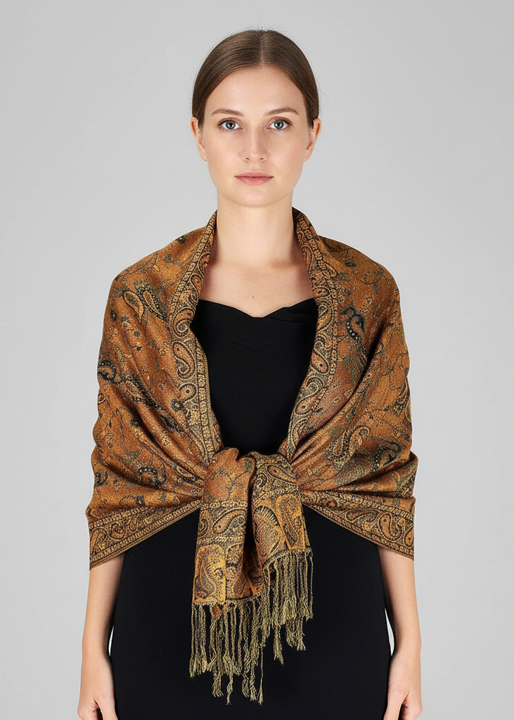 Elegant double layer reversible paisley pashmina shawl wrap scarf in pumpkin orange.