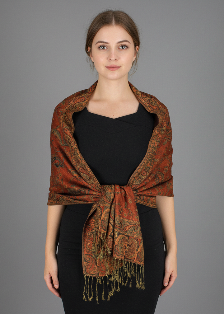 Double-layered reversible pashmina shawl with an intricate rust and multi-colored paisley pattern and delicate fringe trim.