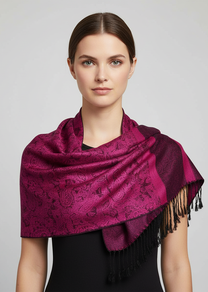 Elegant two color double layer jacquard paisley shawl wrap stole.