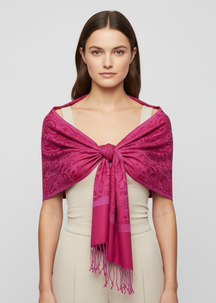 Elegant vintage solid color jacquard paisley shawl wrap in hot pink.