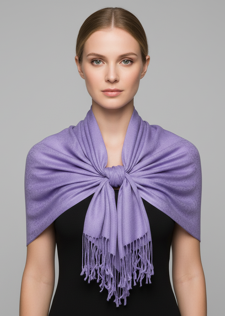 Elegant vintage solid color jacquard paisley shawl wrap in lavender.