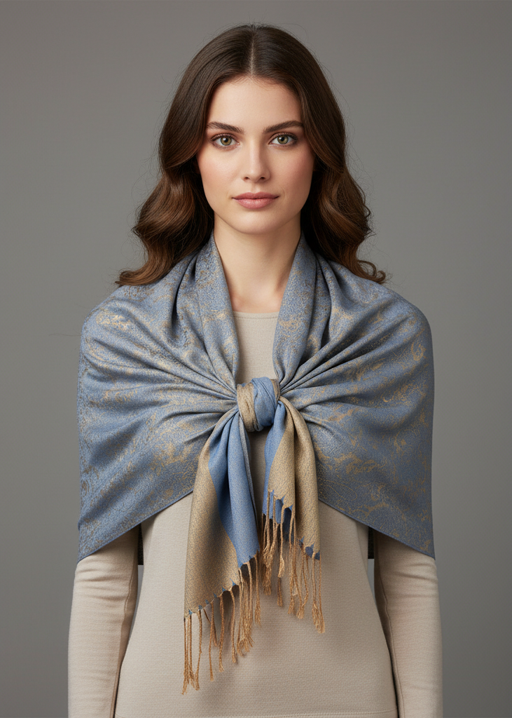 Elegant vintage two-color jacquard paisley pashmina shawl wrap in baby blue and gold.