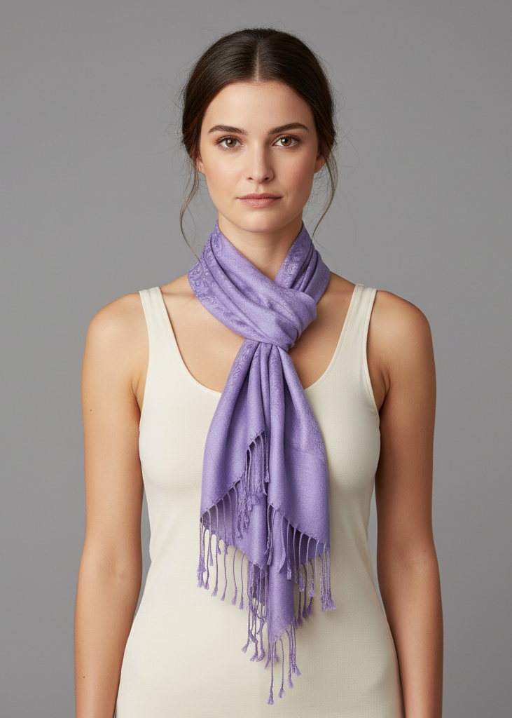 Elegant vintage two color jacquard paisley pashmina shawl wrap in berry and light purple.