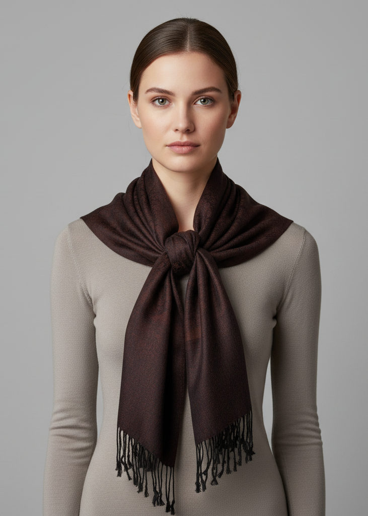 Elegant vintage two color jacquard paisley pashmina shawl wrap in brown and coffee.