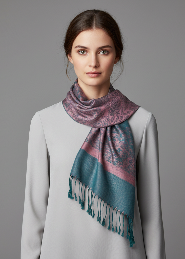 Elegant vintage two color jacquard paisley pashmina shawl wrap in dusty pink and teal.