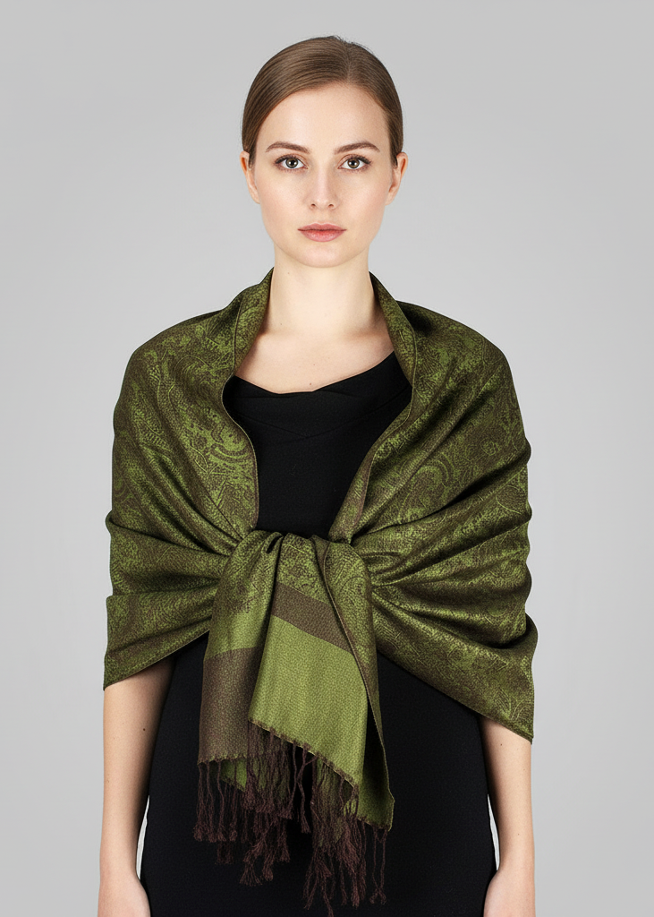 Elegant vintage two-tone jacquard paisley pashmina shawl wrap in forest green and brown.