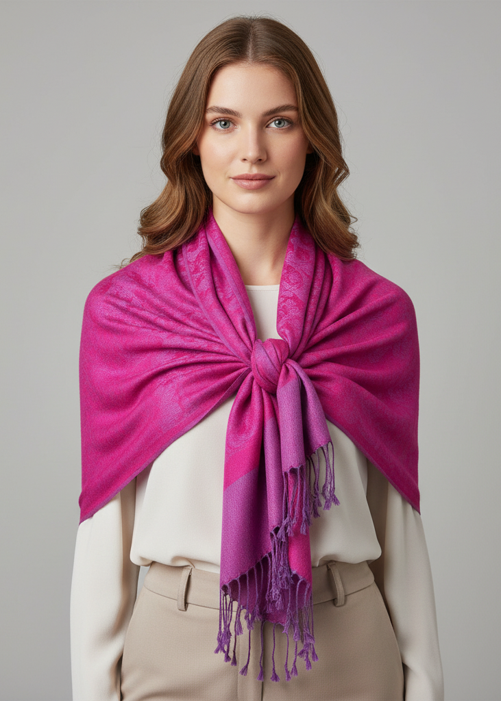 Elegant vintage two-color jacquard paisley pashmina shawl wrap in hot pink and purple.