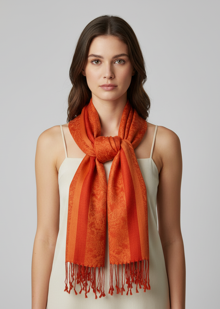 Elegant vintage two color jacquard paisley pashmina shawl wrap in red and peach.