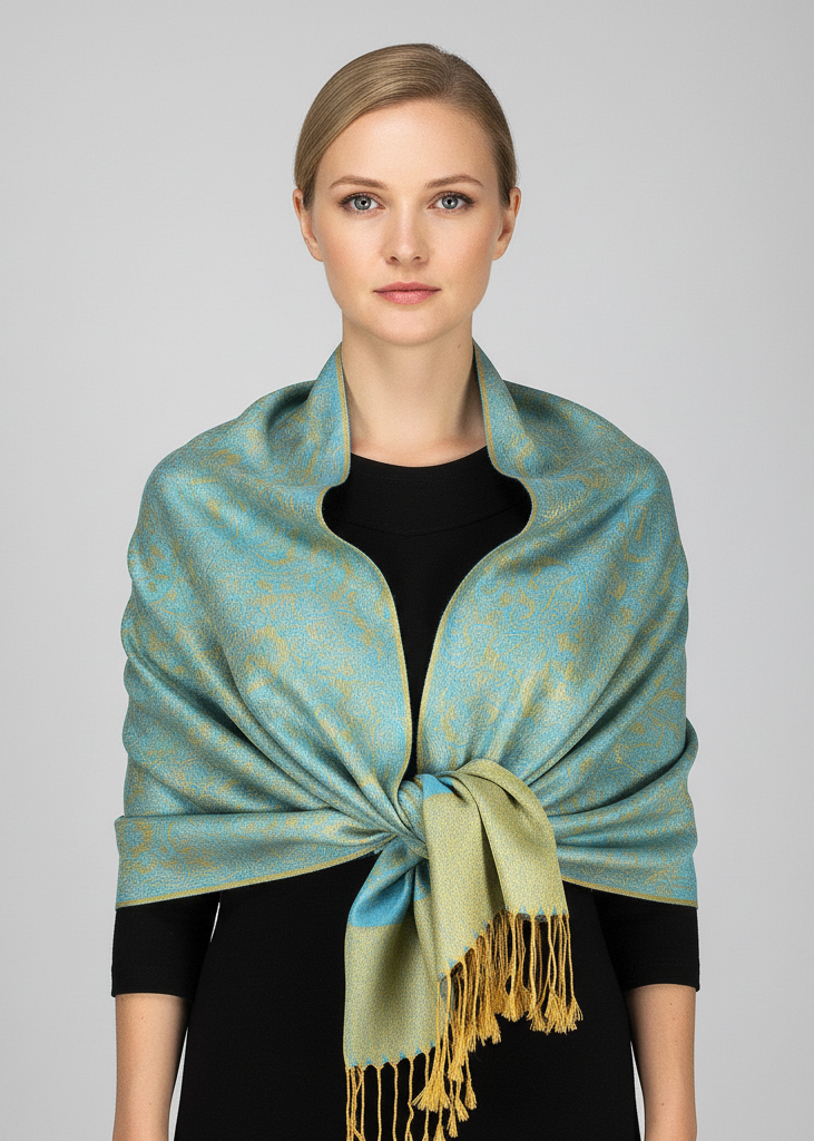 Elegant vintage two color jacquard paisley pashmina shawl wrap in turquoise and gold.