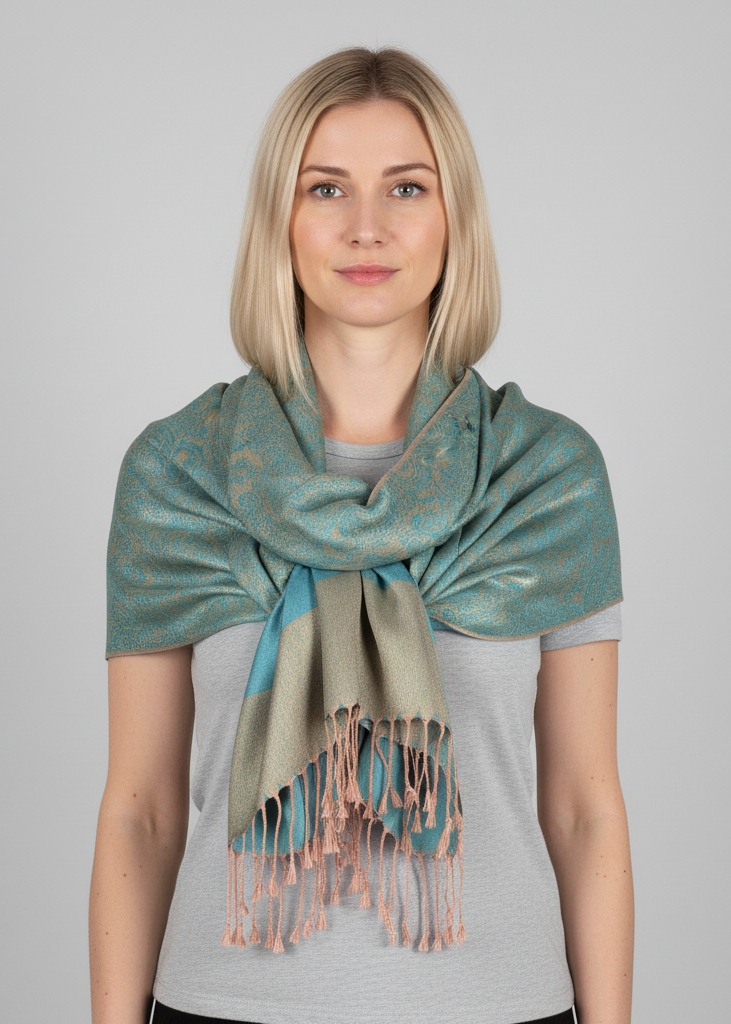 Elegant vintage two color jacquard paisley pashmina shawl wrap in turquoise and tan.