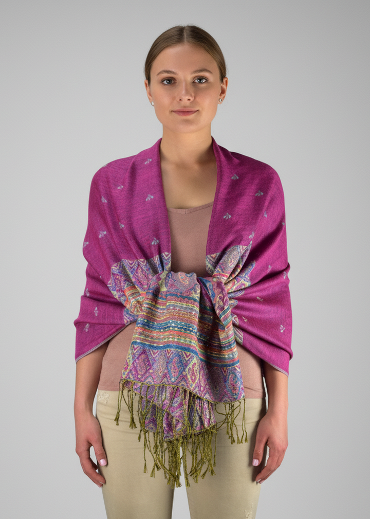 Magenta ethnic design bohemian pashmina shawl featuring a reversible tribal border pattern.