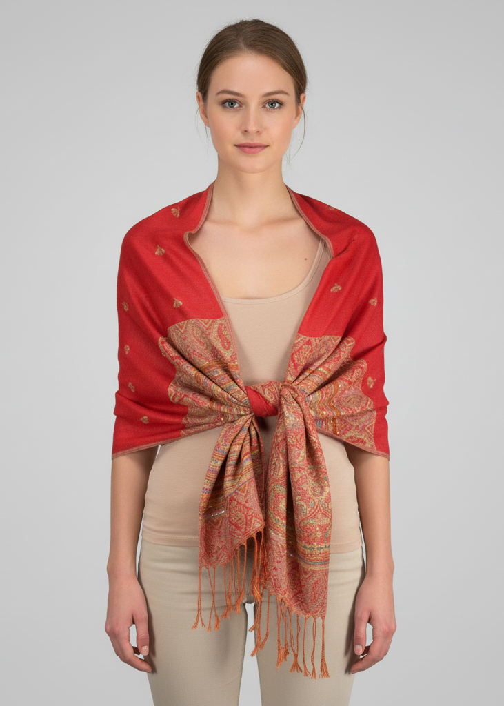 Ethnic design tribal border reversible bohemian pashmina shawl in red.