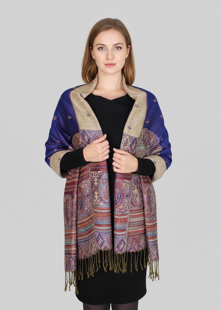 Royal blue ethnic design bohemian pashmina shawl with a reversible tribal border pattern and fringe detail.