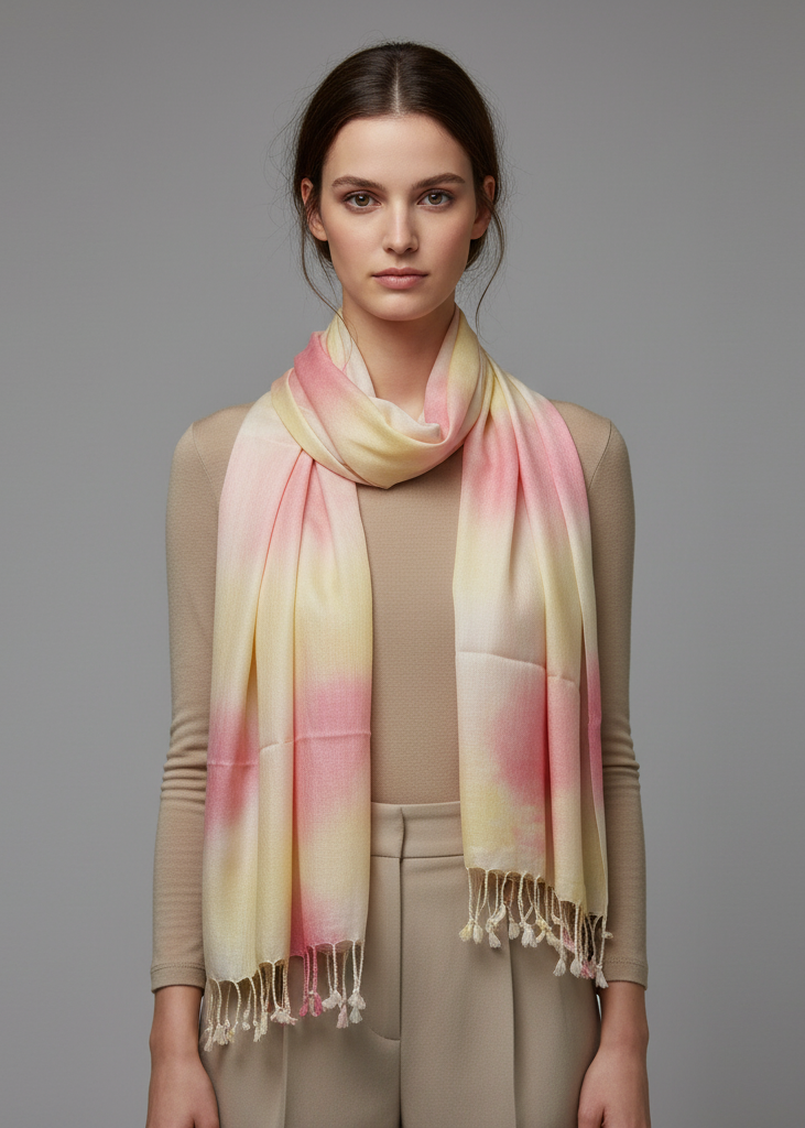 Exclusive designer faded tie-dye pashmina shawl with soft fringe detail in shades of pink and yellow