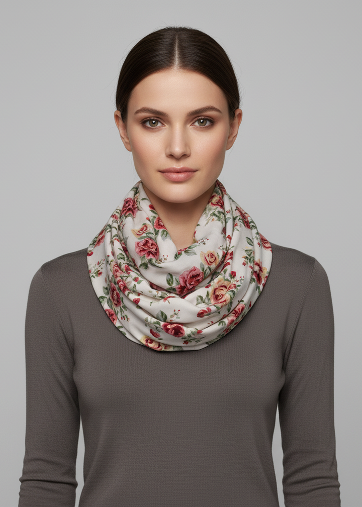 Vintage floral print infinity loop scarf in soft breathable viscose for lightweight all-season style.