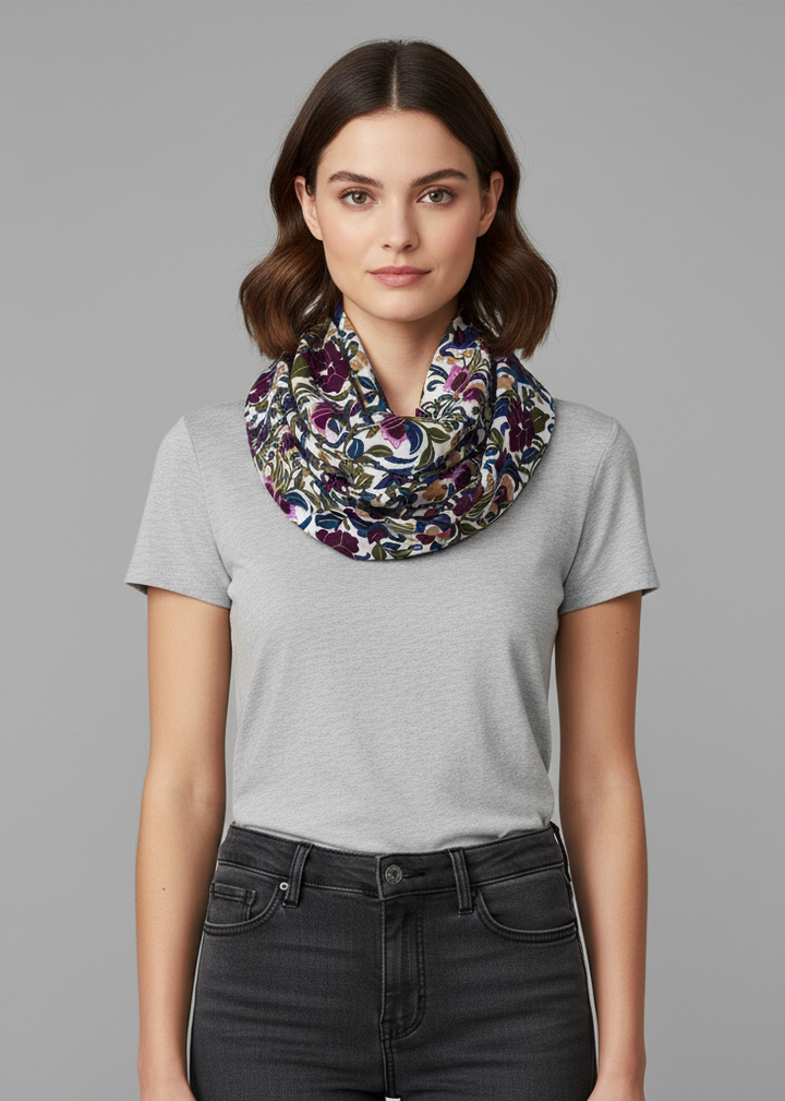 Lightweight maroon vintage floral print infinity loop scarf in breathable viscose for all-season style.