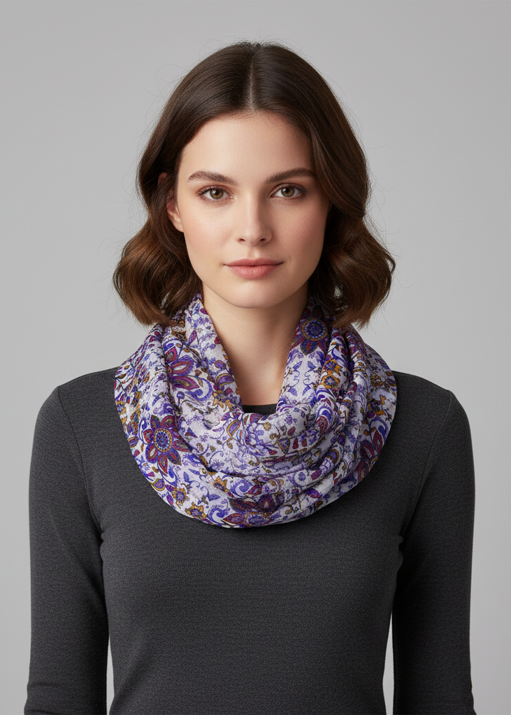 Purple vintage floral print infinity loop scarf in soft breathable viscose for lightweight all-season style.