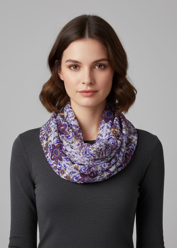 Purple vintage floral print infinity loop scarf in soft breathable viscose for lightweight all-season style.