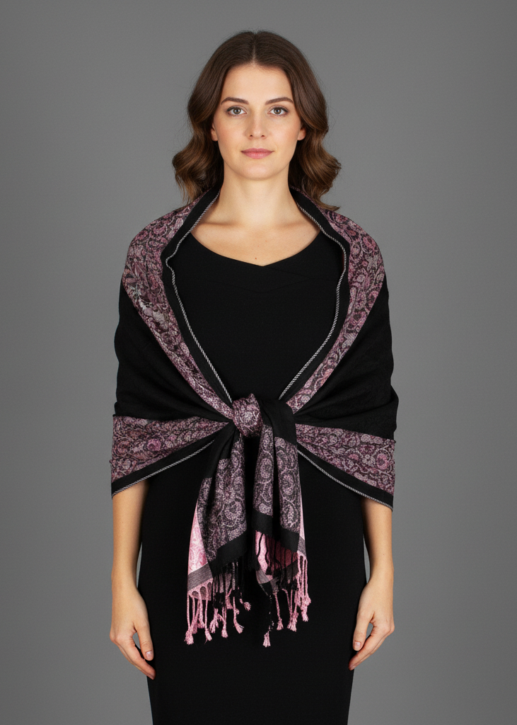 Reversible black and pink pashmina wrap shawl featuring an intricate paisley and floral border design.