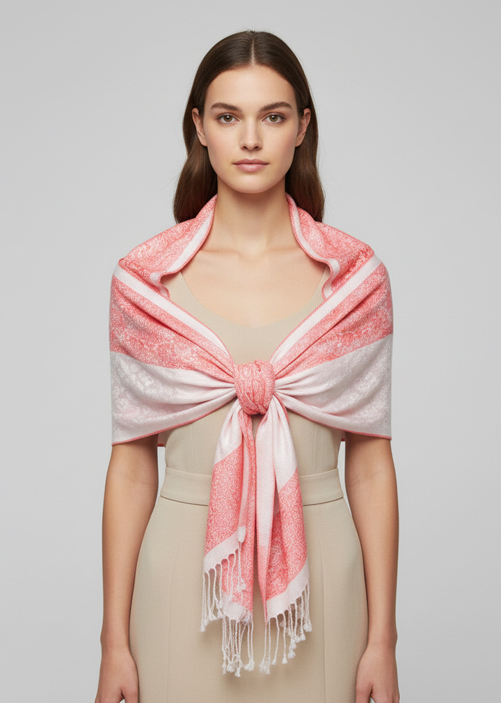 Reversible pink and red pashmina wrap shawl featuring an intricate paisley and floral border design.