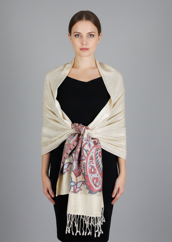 Reversible pashmina wrap shawl featuring a beige paisley and floral border design.