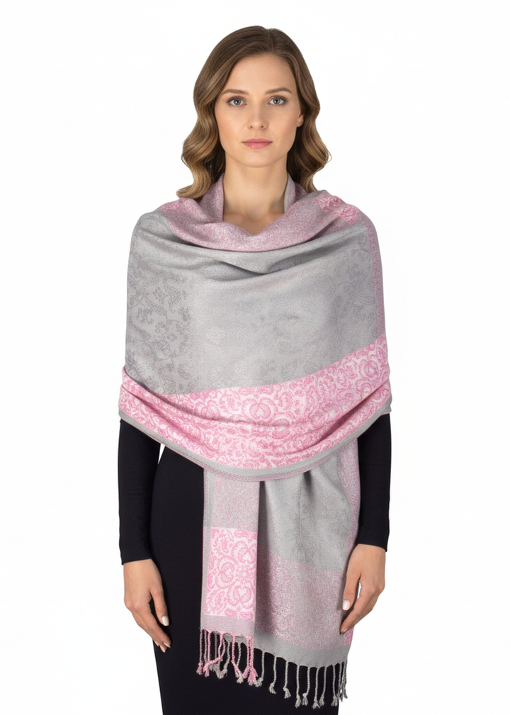 Reversible pashmina shawl featuring a pink and grey paisley floral border design.