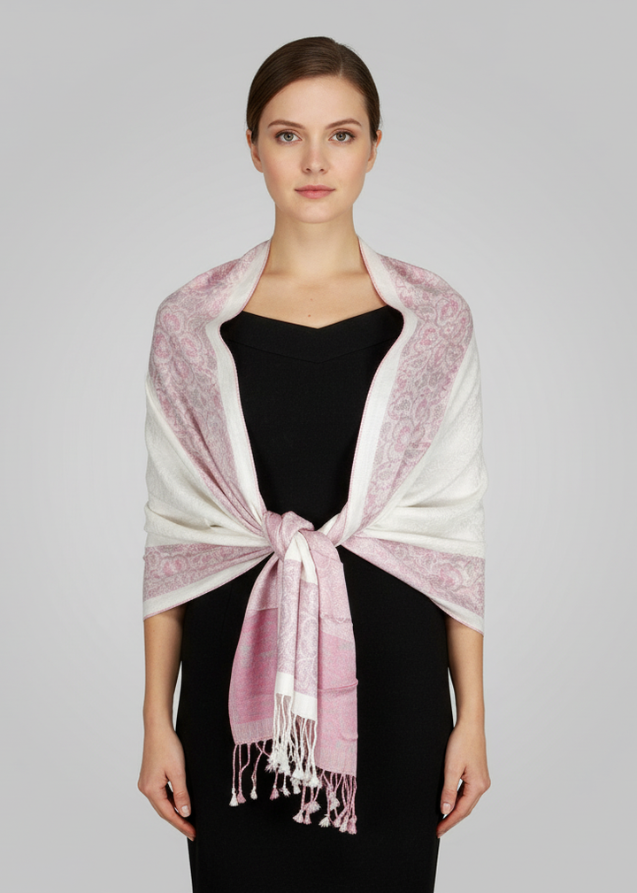 Pink and white reversible pashmina wrap shawl featuring an intricate paisley floral border design.