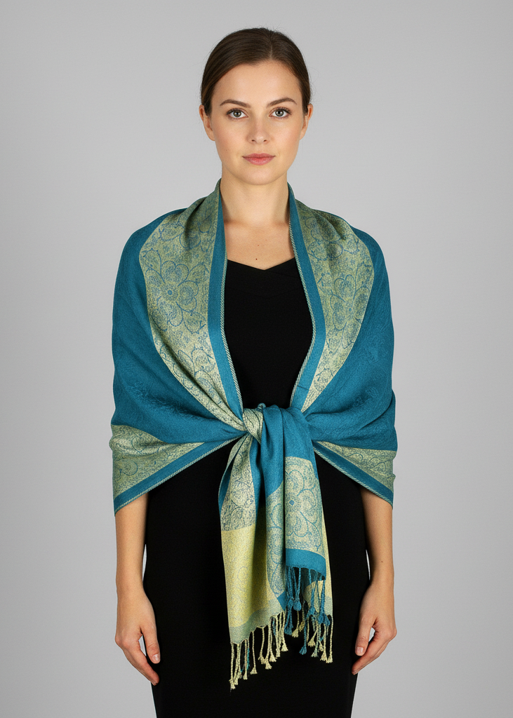 Reversible pashmina wrap shawl featuring a paisley floral border in teal and lime green.