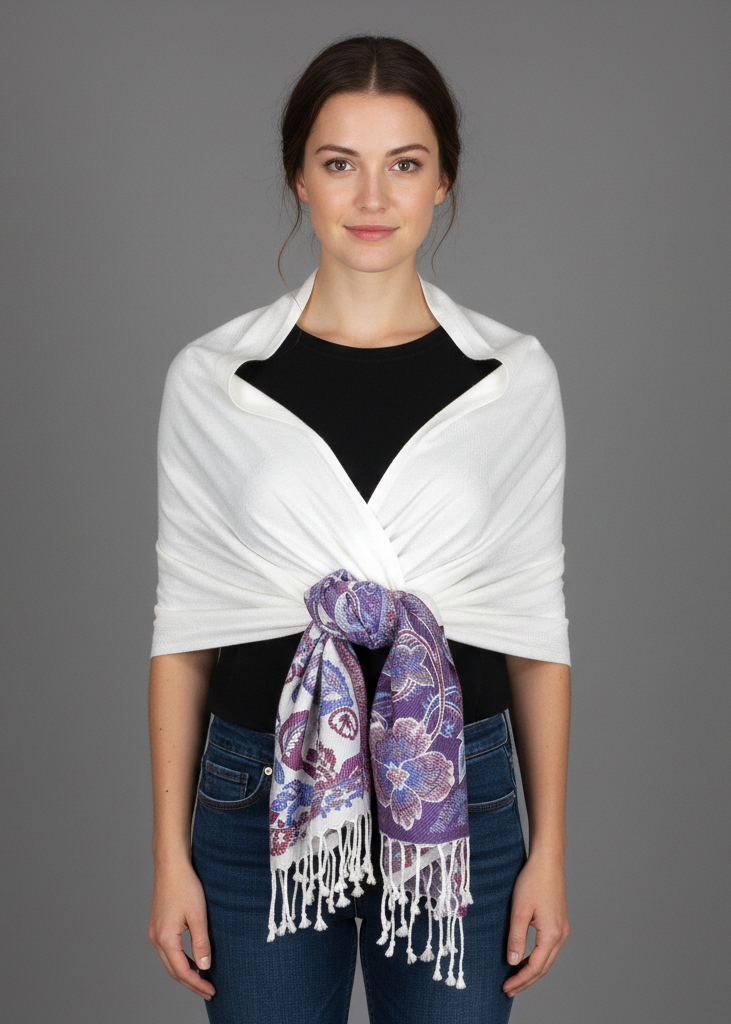 White reversible pashmina wrap shawl featuring a detailed paisley and floral border design.