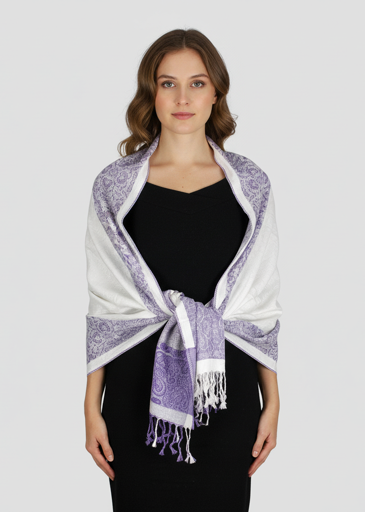 Reversible white and purple pashmina wrap shawl featuring an intricate paisley floral border design.