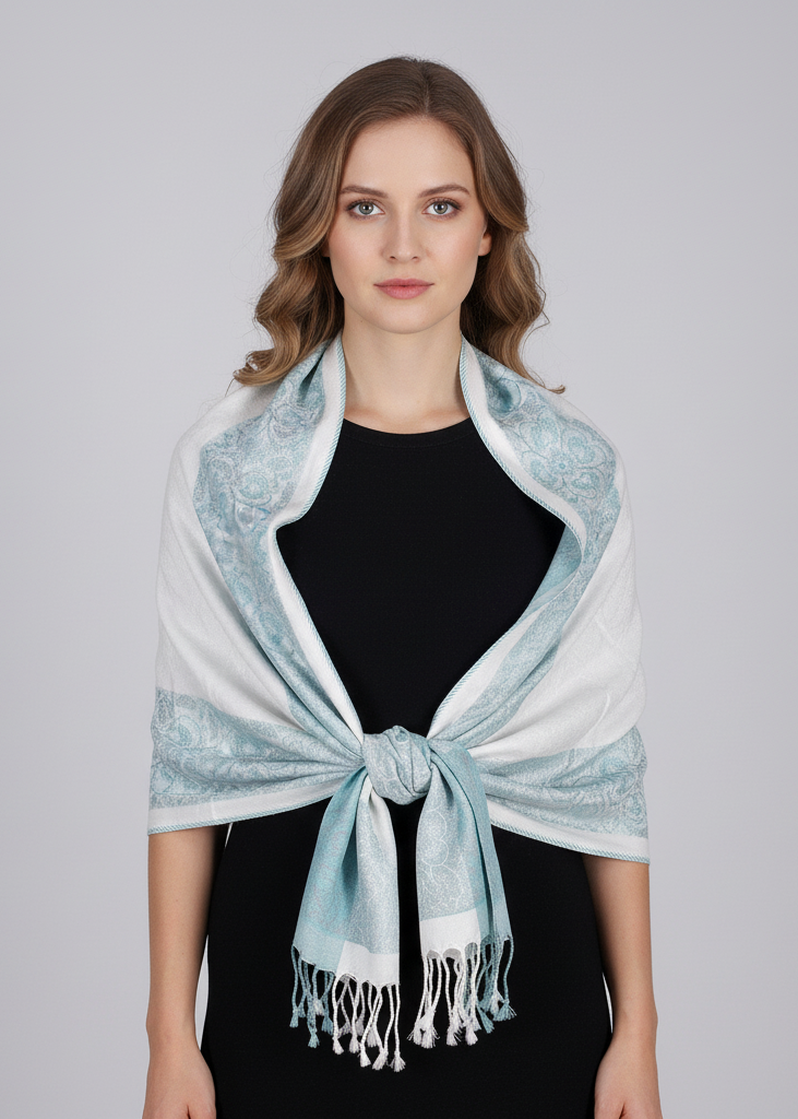 Reversible paisley floral border pashmina wrap shawl in white and teal.