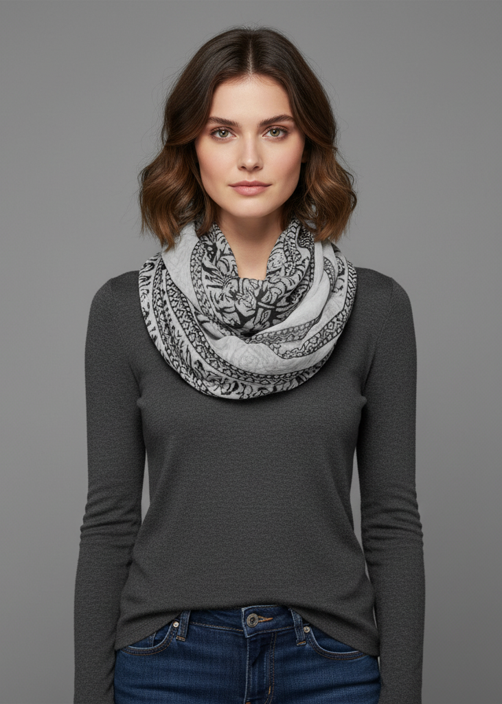 Extravagant animal print loop scarf wrap with a deer nature design in black