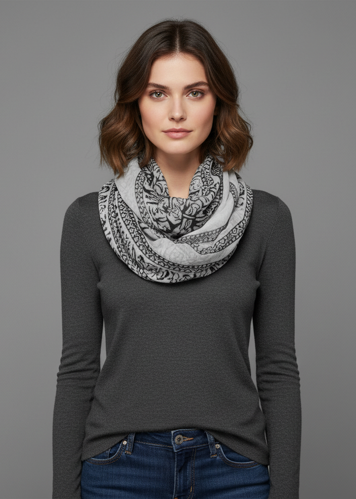 Extravagant animal print loop scarf wrap with a deer nature design in black
