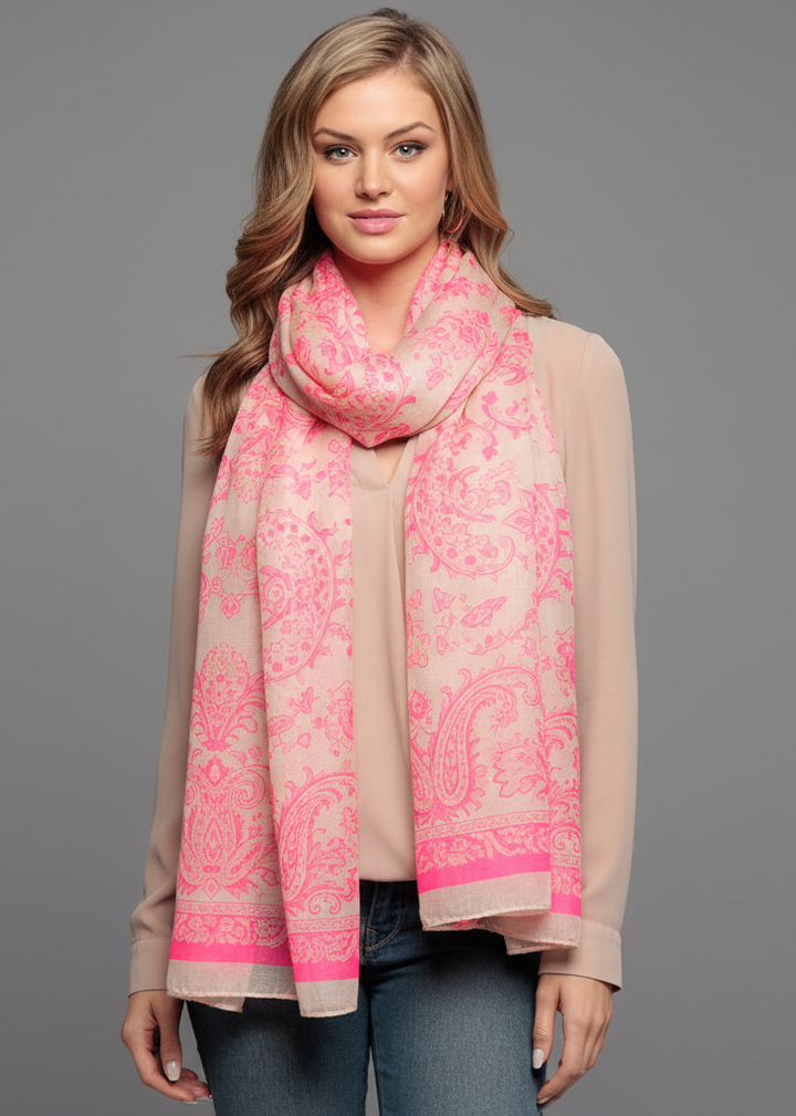 Lightweight paisley design scarf sarong shawl wrap in peach and orange tones