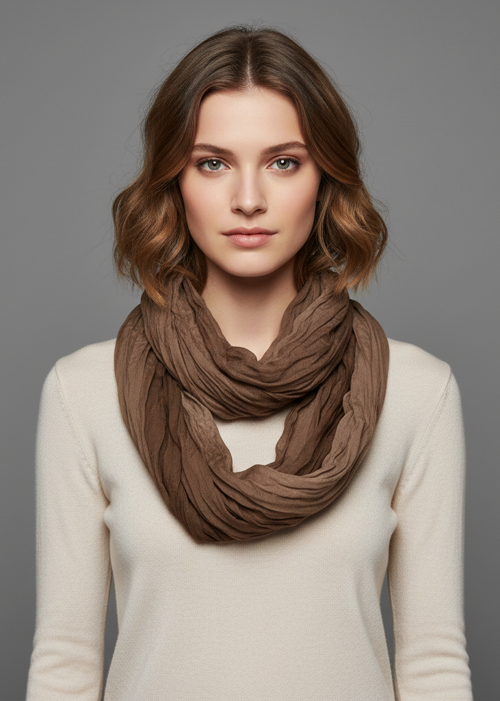Lightweight chocolate brown crinkled infinity loop scarf with neon faded ombre design.