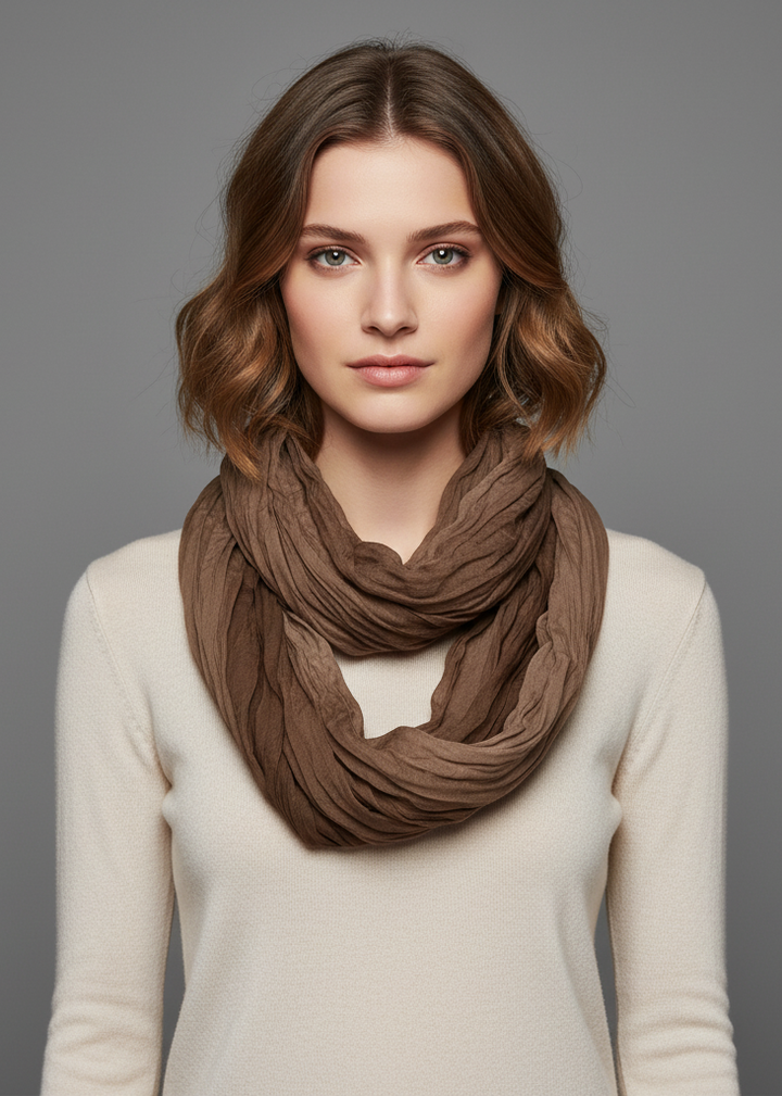 Lightweight chocolate brown crinkled infinity loop scarf with neon faded ombre design.