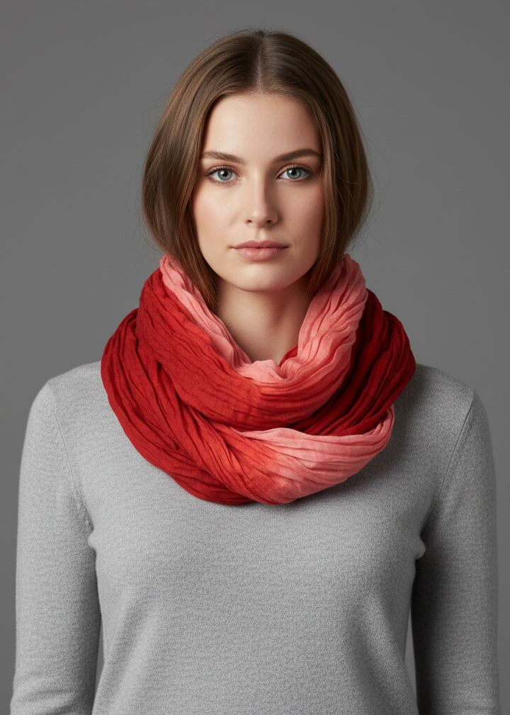 Lightweight coral neon faded ombre crinkled infinity loop scarf for women.