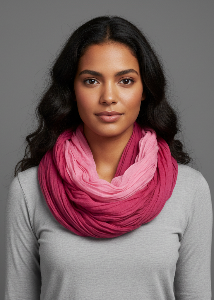 Lightweight red crinkled infinity loop scarf with neon faded ombre design.