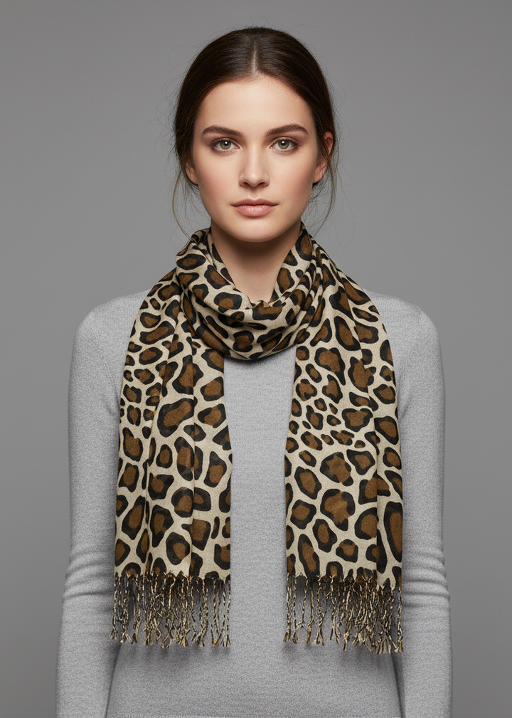 Fashionable giraffe print animal pashmina shawl wrap in brown with fringe edges