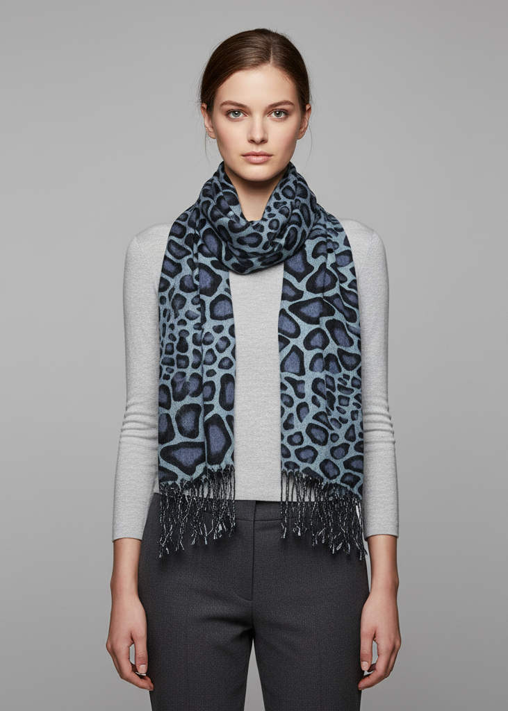 Lightweight gray pashmina shawl with a fashionable giraffe animal print and fringe edges for women