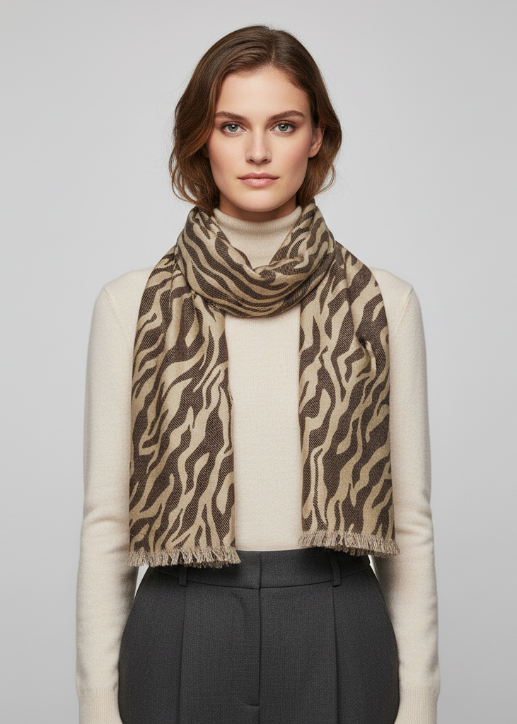 Fashionable zebra animal print pashmina shawl wrap with frayed ends in brown
