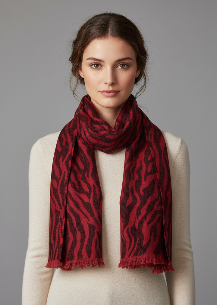 Fashionable zebra animal print pashmina shawl wrap with frayed ends in red and black