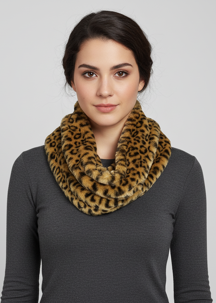Faux fur leopard zebra print plush cowl collar infinity loop scarf in golden brown.