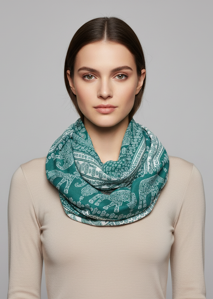 Floral aztec elephant animal print infinity loop scarf in green for women