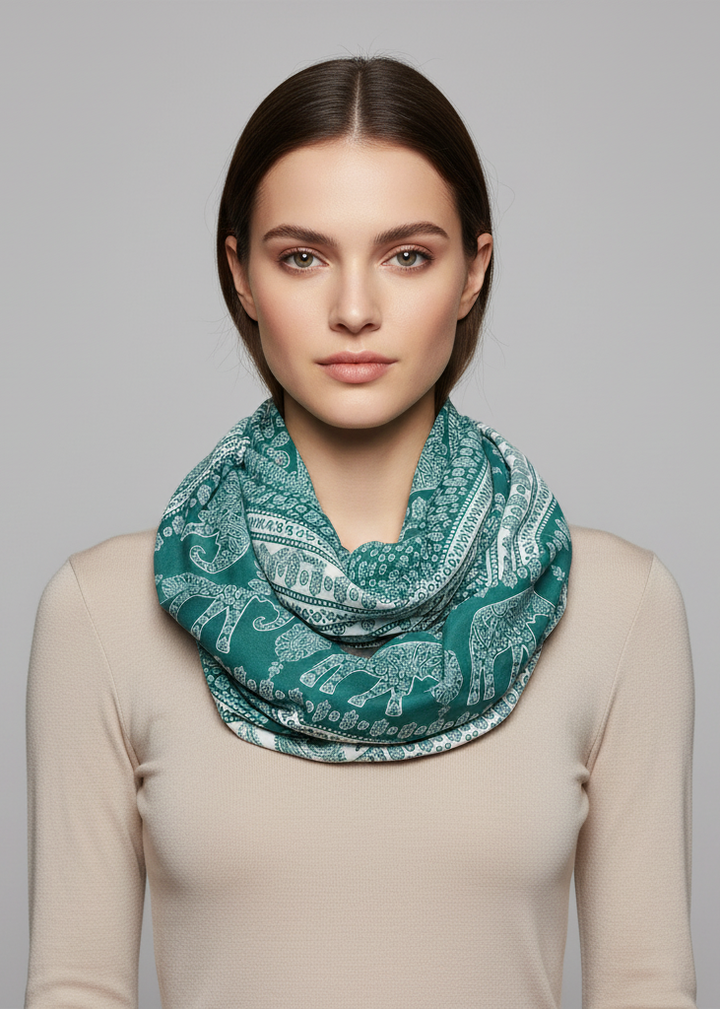 Floral aztec elephant animal print infinity loop scarf in green for women