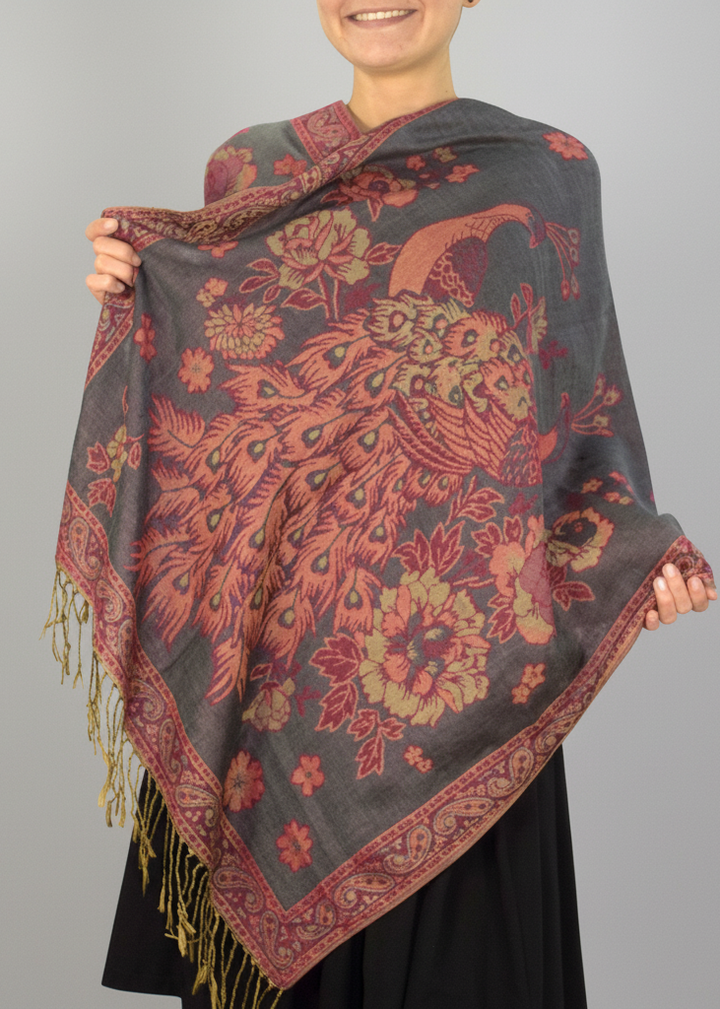 Reversible double layered pashmina wrap shawl with a floral bird print and fringe accents in grey