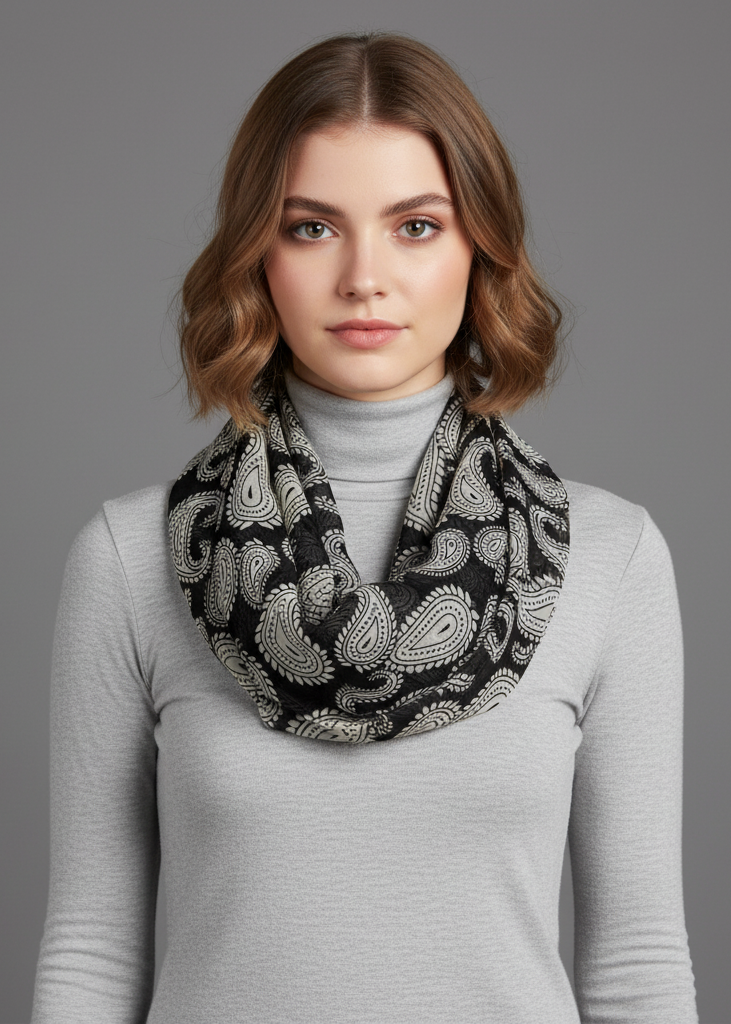 Vintage paisley design infinity circle loop scarf in black and white for women's fashion.