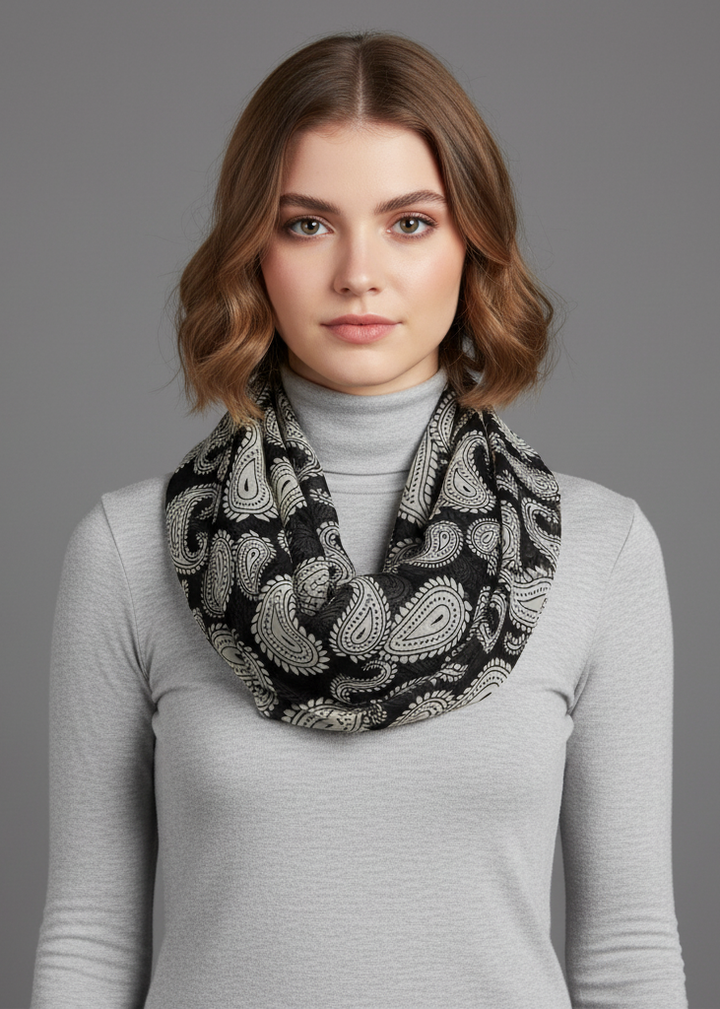 Vintage paisley design infinity circle loop scarf in black and white for women's fashion.