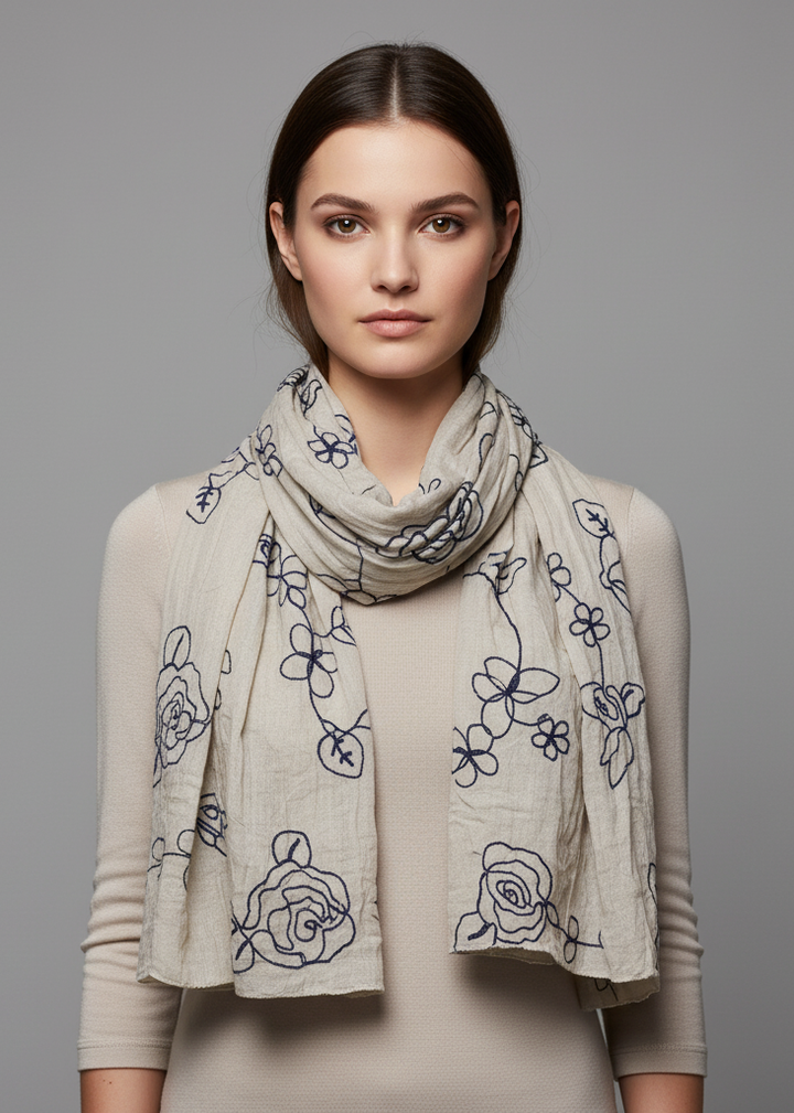 Intricate floral pansy embroidered lightweight summer shawl scarf wrap in cream with fringed edges